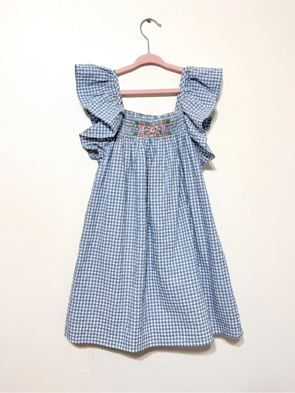 Janie and Jack Girl’s Dress Gingham Smocked Floral Embroidered Size 6 Ruffle
